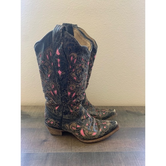 Corral Brown Women's 5.5 Leather Brown and Pink Cowgirl‎ Boots - Picture 1 of 9